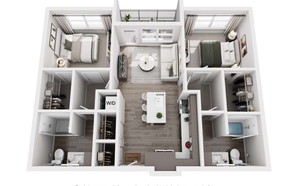 Apollo - 2 bedroom floor plan layout with 2 bathrooms and 1010 square feet (3D)