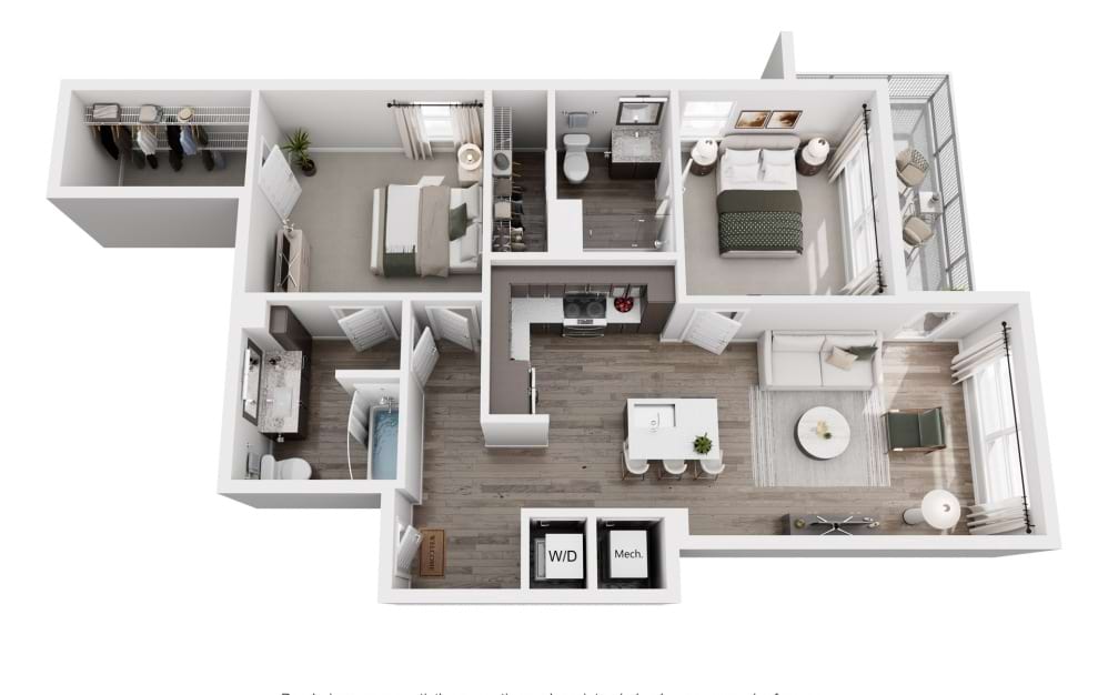 Athena - 2 bedroom floor plan layout with 2 bathrooms and 1020 square feet (3D)