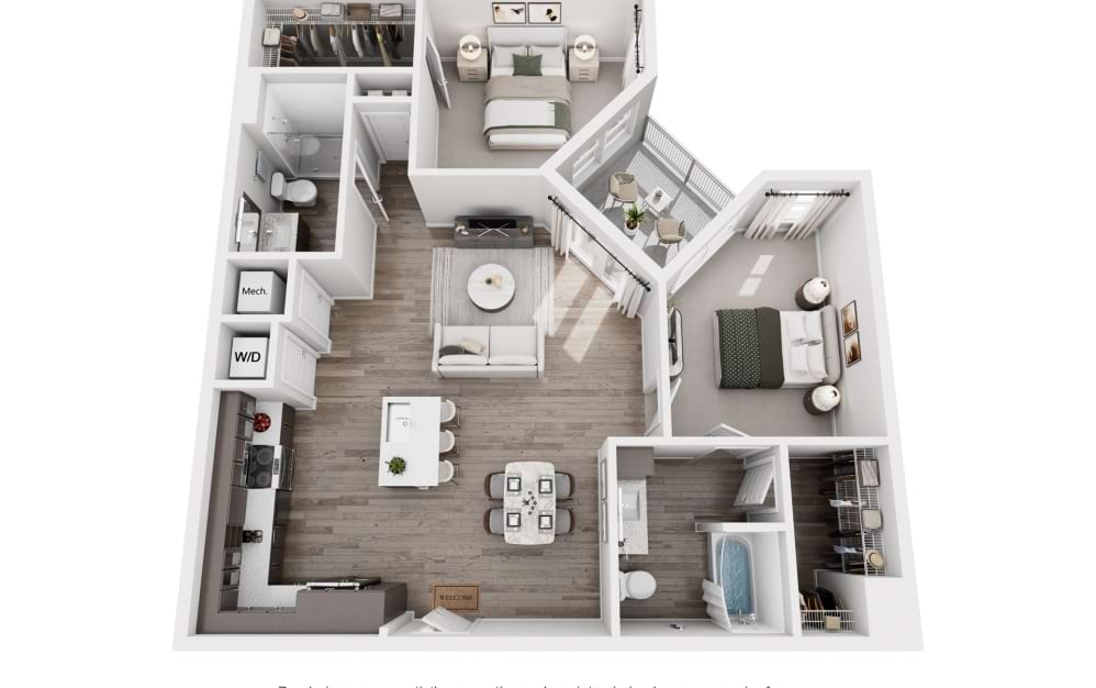 Aurora - 2 bedroom floor plan layout with 2 bathrooms and 1130 square feet (3D)