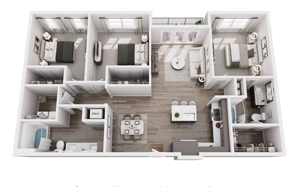 Cupid - 3 bedroom floor plan layout with 2 bathrooms and 1355 square feet (3D)
