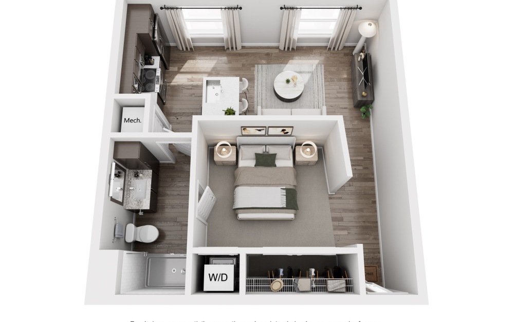 Flora - Studio floor plan layout with 1 bathroom and 640 square feet (3D)