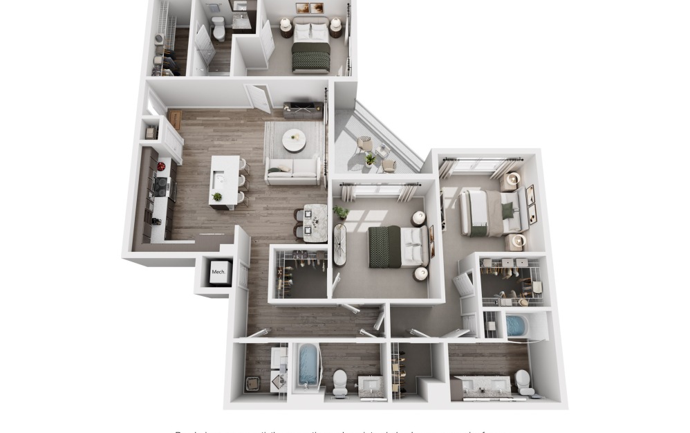 Juno - 3 bedroom floor plan layout with 3 bathrooms and 1632 square feet (3D)