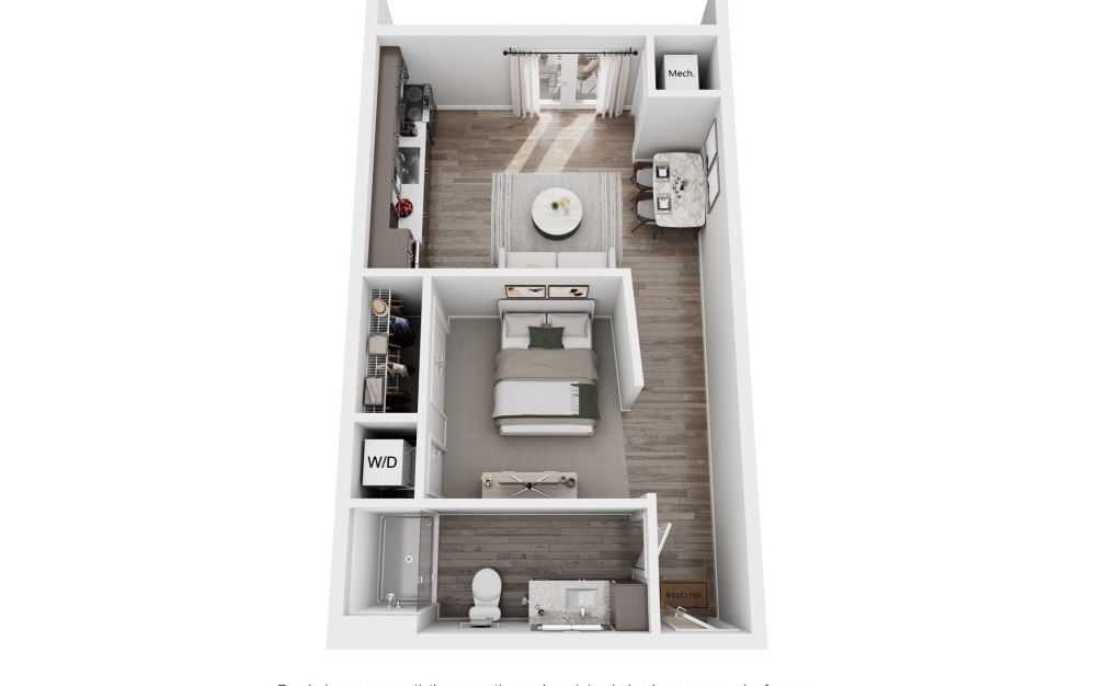 Luna - Studio floor plan layout with 1 bathroom and 527 - 573 square feet (3D)