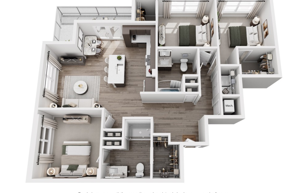Pax - 3 bedroom floor plan layout with 2 bathrooms and 1469 square feet (3D)