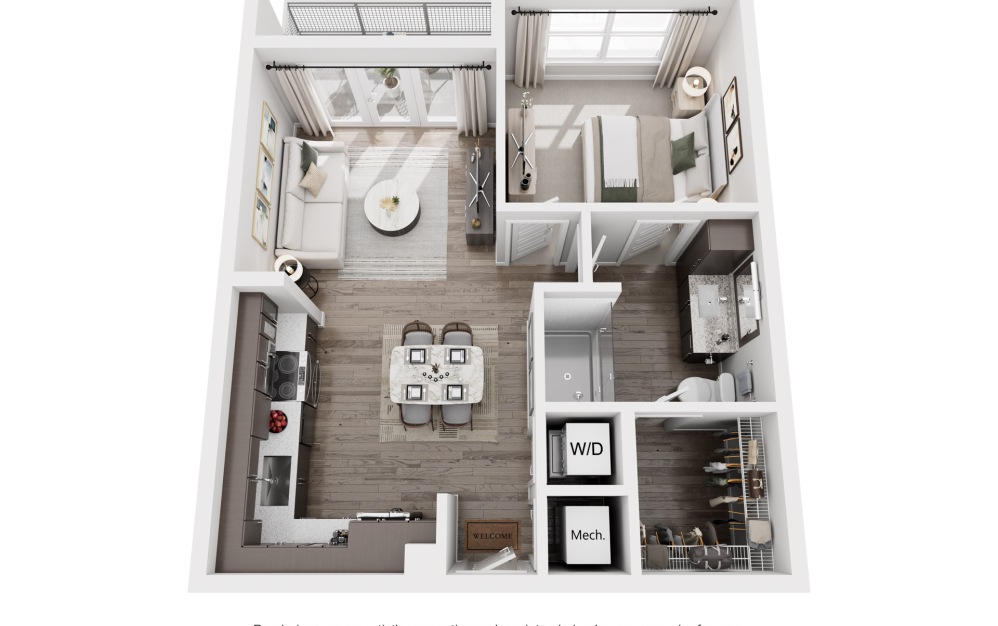Vest - 1 bedroom floor plan layout with 1 bathroom and 657 square feet (3D)