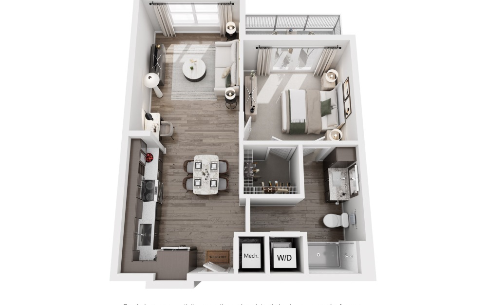 Vulcan - 1 bedroom floor plan layout with 1 bathroom and 732 square feet (3D)