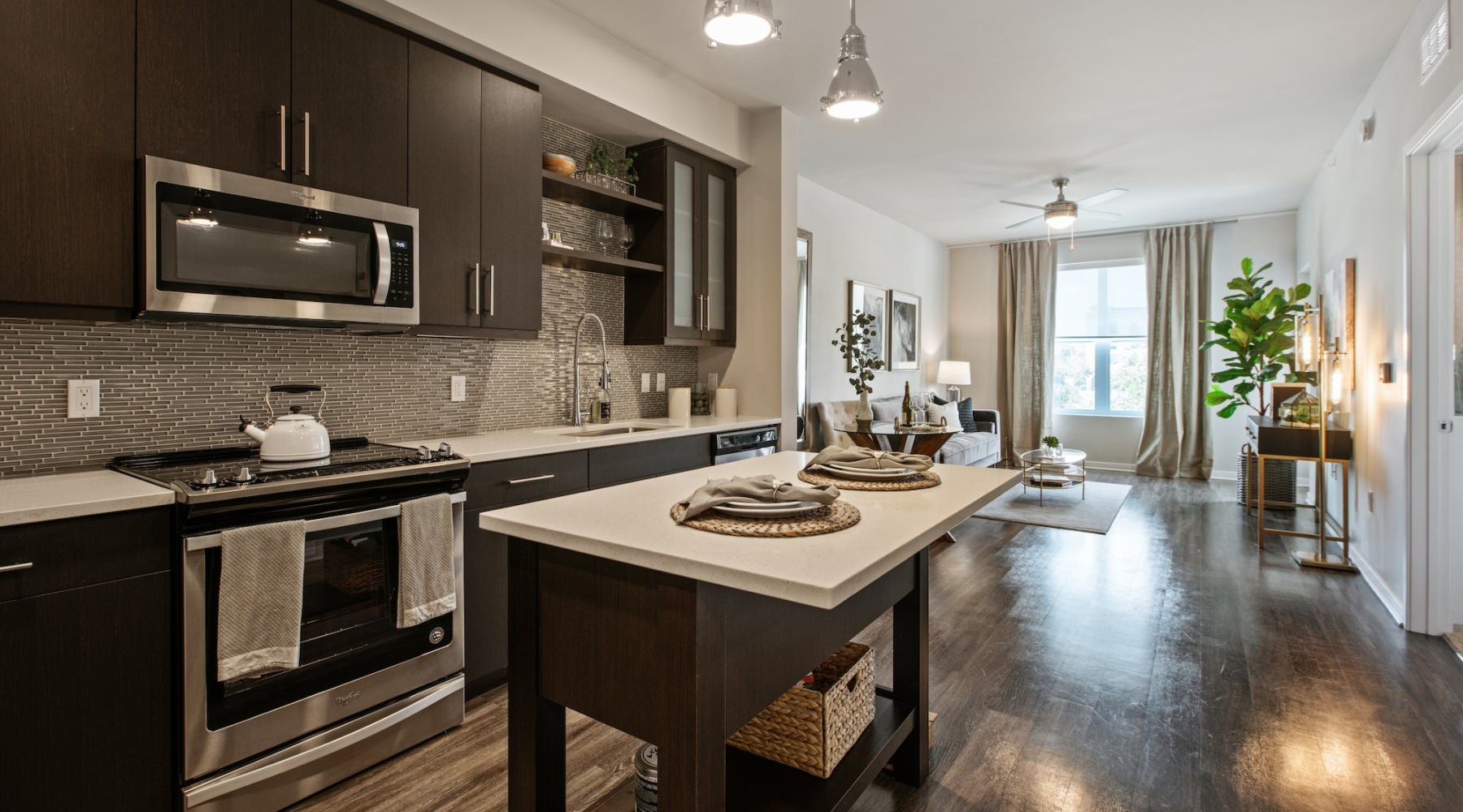 kitchen with dark cabinets and an island