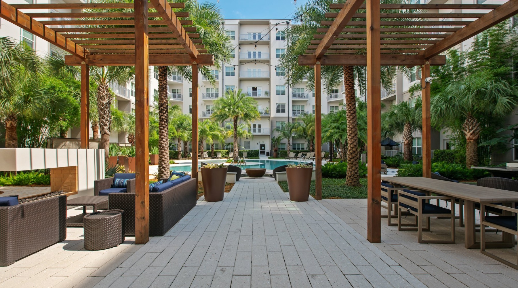 cabanas with seating in a courtyard